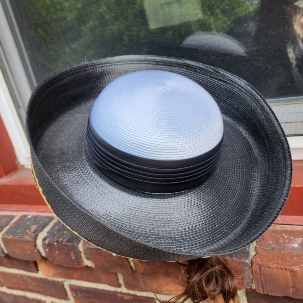 Vintage Italian Wide Brim Straw Hat Black Gold Trim Statement Sun Hat - Picture 4 of 16
